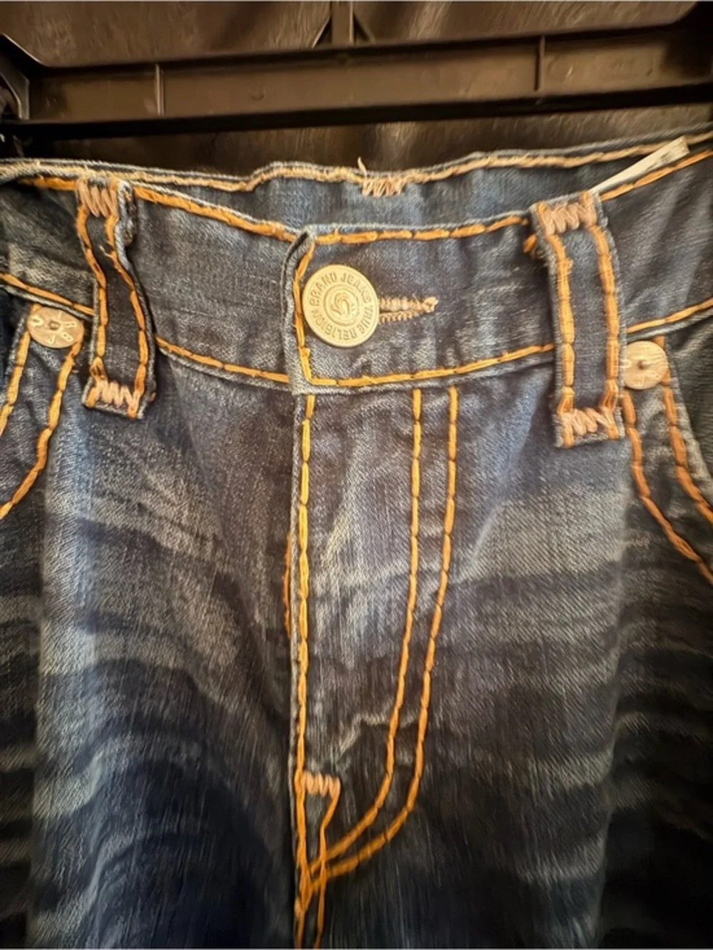 True Religion Men's Dark Blue Bootcut Jeans with Contrast Stitching